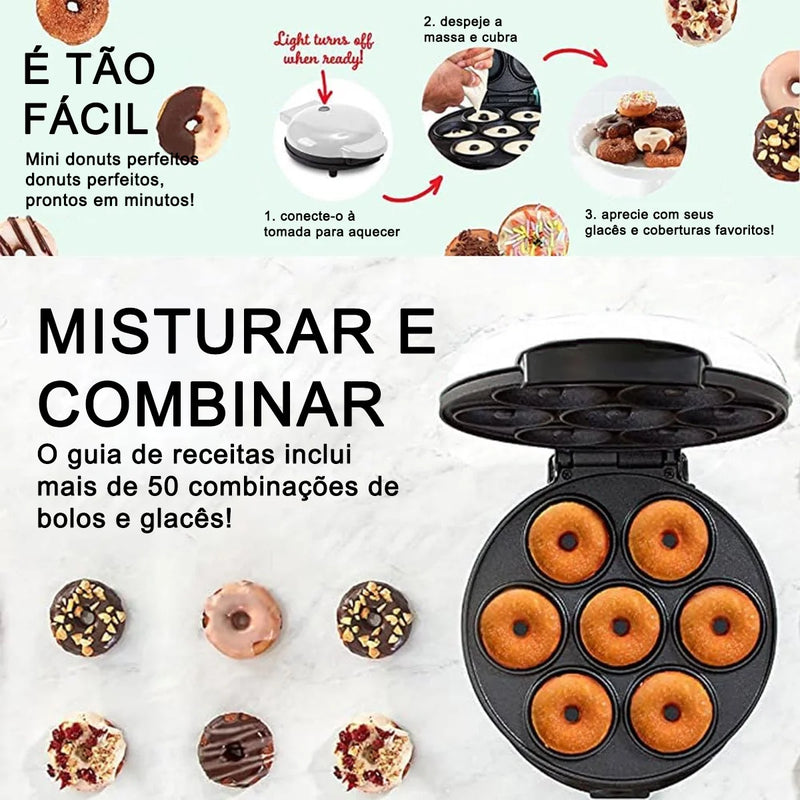 Mini Donut Maker, Superfície antiaderente, eletrodoméstico, café da manhã, sobremesa, faz 7 donuts