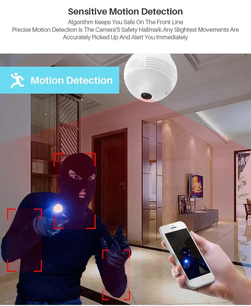Câmera HD Infravermelha IP Segurança Lâmpada VR, Câmera Panorâmica 360, WiFi, V380