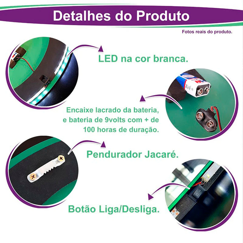 Espelho Decorativo LED Suspenso para Maquiagem, Banheiro, Sala de Estar e Quarto