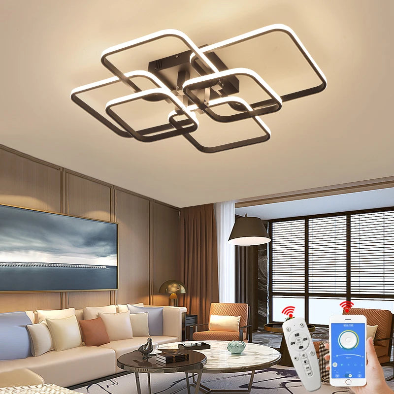 Luminárias de Teto APP RC Quadrado Círculo Anéis para Sala de Estar, Quarto, Casa AC85-265V Lâmpada de Teto Moderna Led Lustre Plafonnier