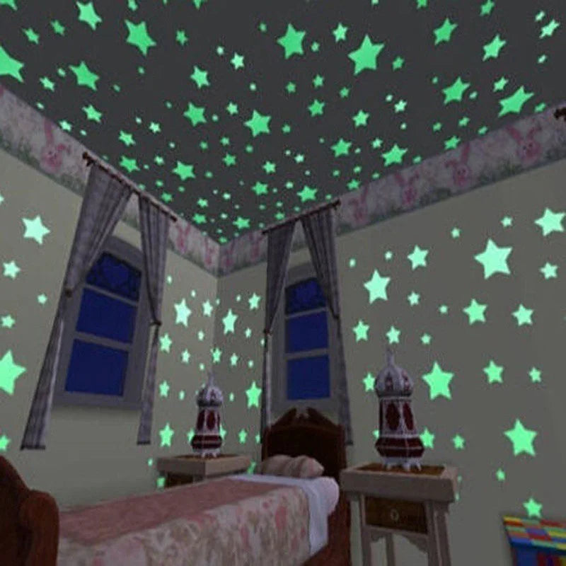 100 Peças Adesivos de Parede 3D em Forma de Estrela de Cinco Pontas Brilhante no Escuro, Fluorescentes, de PVC para Decoração de Teto, Quarto Infantil/Casa