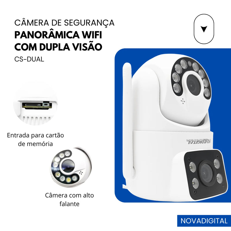 Câmera de Segurança Panorâmica Wi-Fi Dual com Visão Noturna HD IP65 Compatível com Tuya Smart Life Novadigital