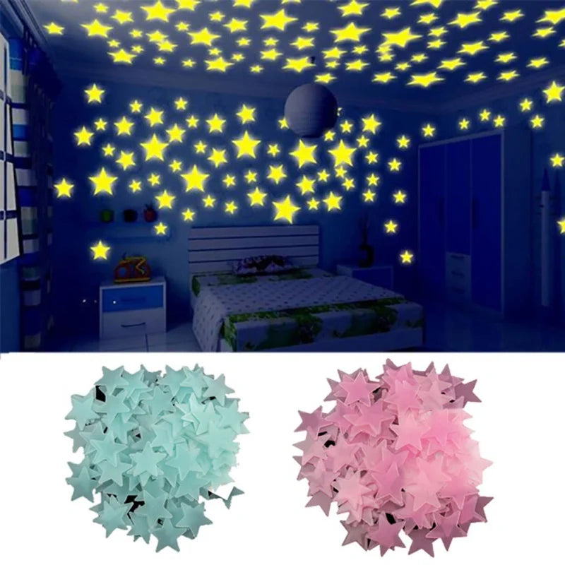 100 Peças Adesivos de Parede 3D em Forma de Estrela de Cinco Pontas Brilhante no Escuro, Fluorescentes, de PVC para Decoração de Teto, Quarto Infantil/Casa